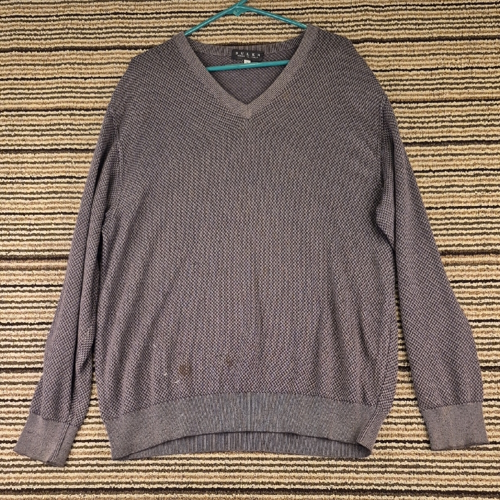 SULKA Italy Distressed Grey Weave Wool Large‎ Mens V-Neck Sweater